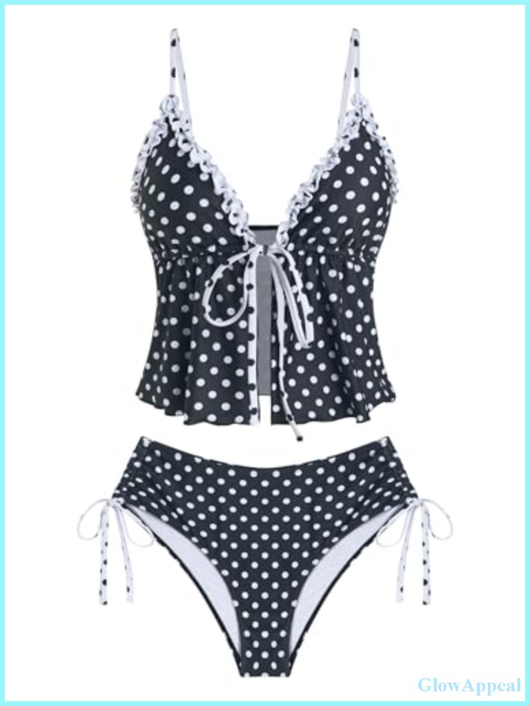 Tankini Set Smocked Ruffles Tie Front High Cut Tanga